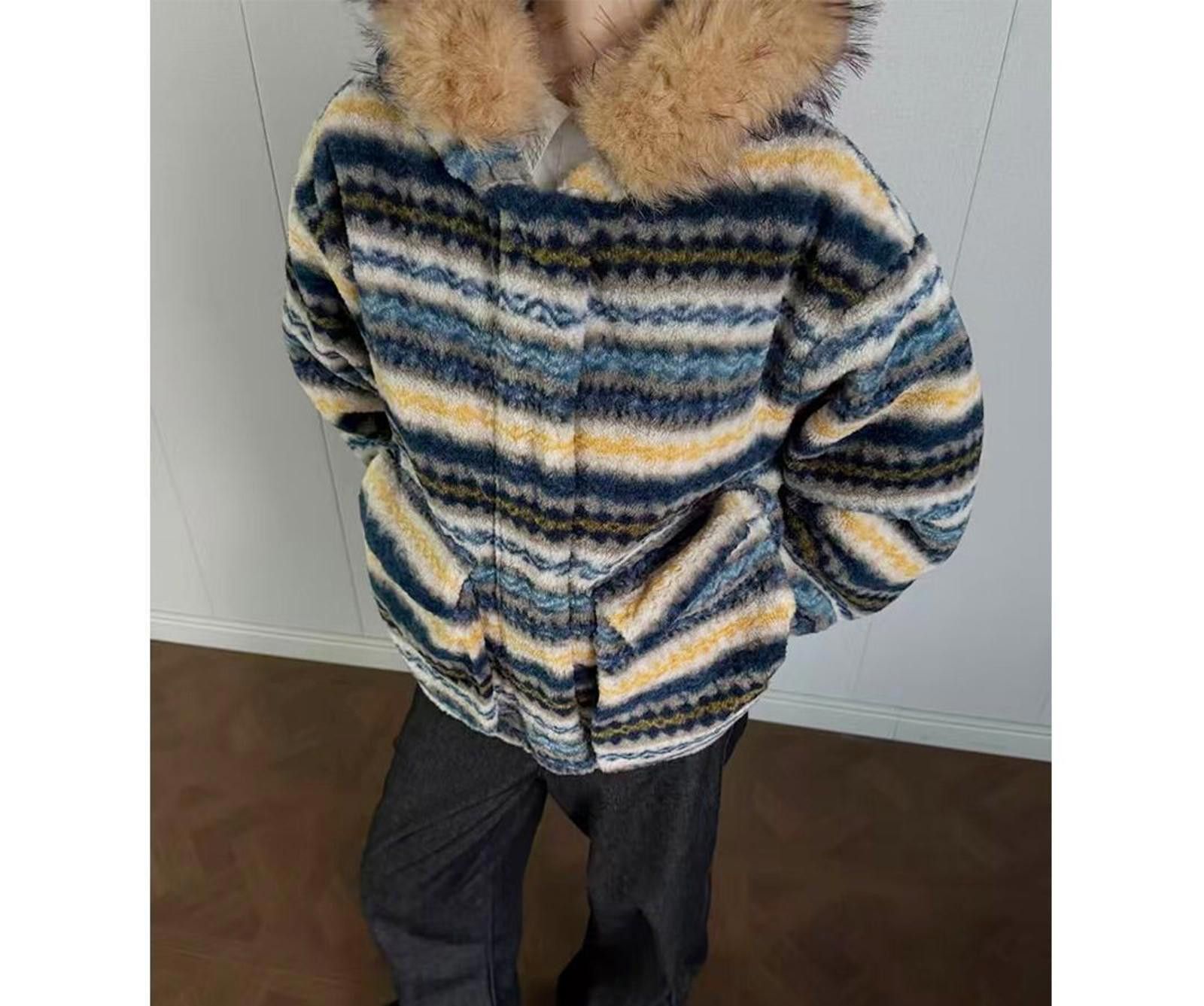 Japanese Brand Striped Faux Fur Hooded Jacket, Cozy Winter Coat Size US M / EU 48-50 / 2 - 1 Thumbnail