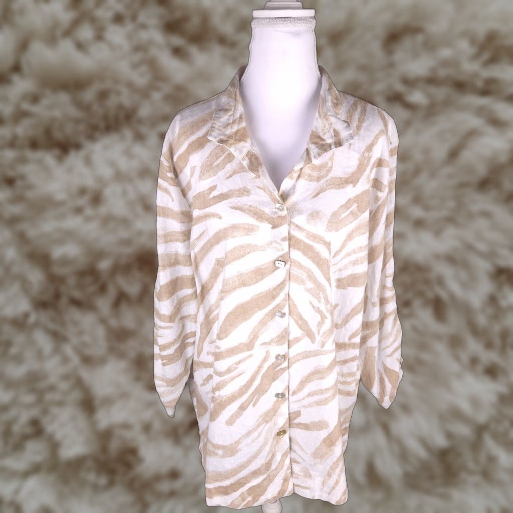John Mark Shirt Womens XL Linen Blend Abstract Art to Wear Blouse Button