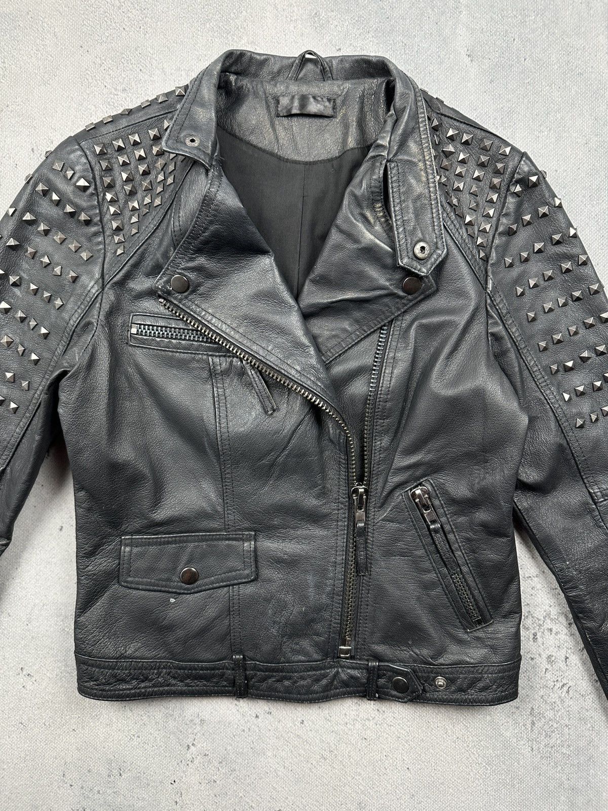 Genuine Leather Never Denim Studded Leather Biker Jacket Black Punk Moto Y2K Size S / US 4 / IT 40 - 22 Thumbnail