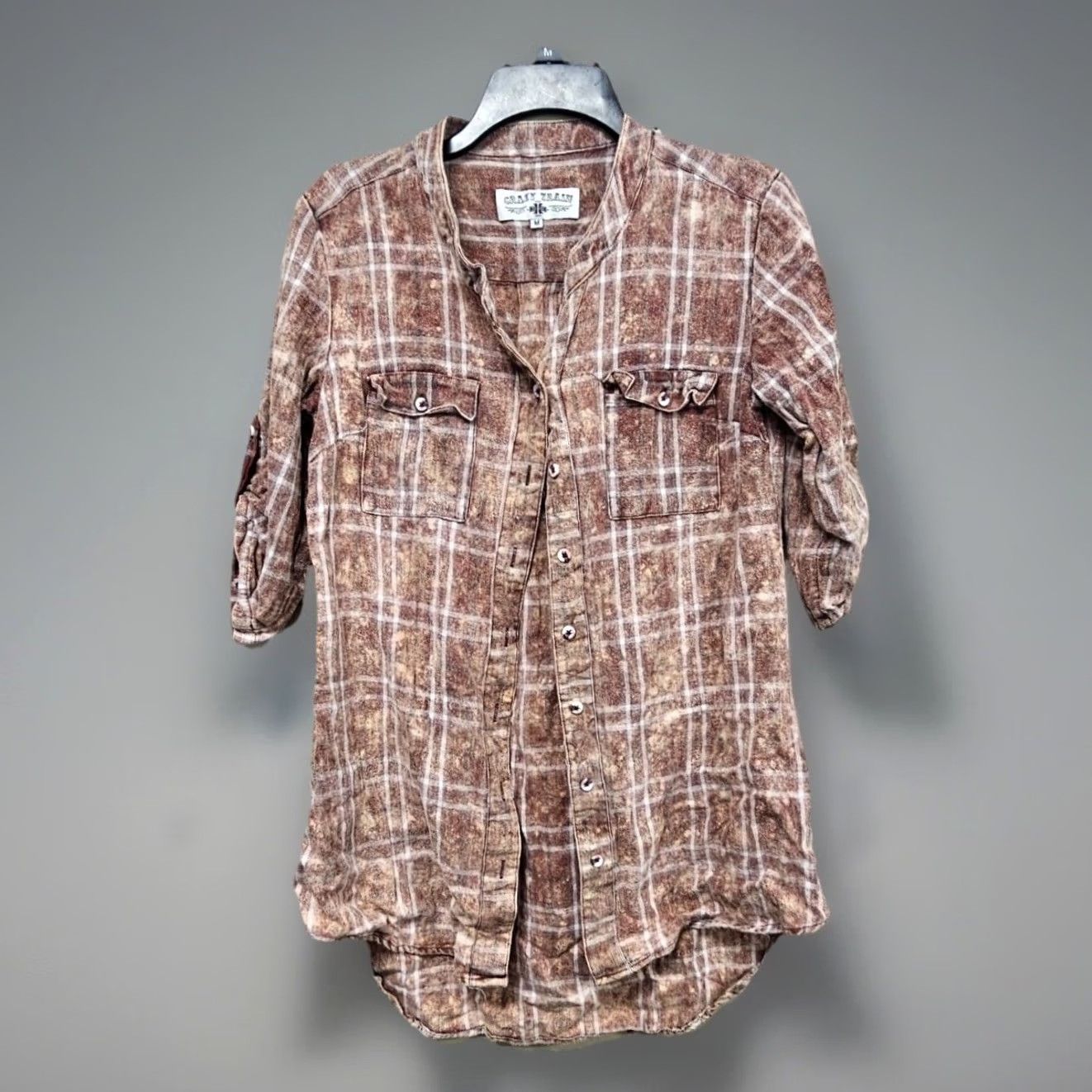 Vintage VINTAGE? CowGirl Women's Western Plaid Acid Wash Flannel Shirt Tunic M Pink Crazy Train Shirt Women Medium Pink Plaid Western Boho Tunic Button-Up Size M / US 6-8 / IT 42-44 - 2 Thumbnail