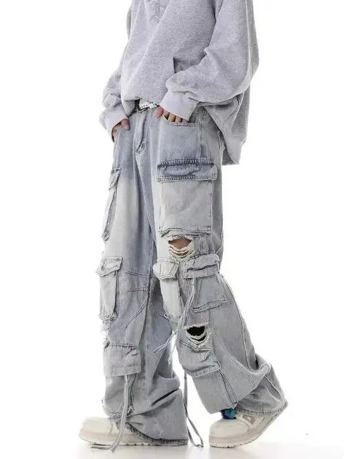 Japanese Brand Retro heavy industry beggar ripped workwear wide leg jeans Size US 32 / EU 48 - 1 Thumbnail