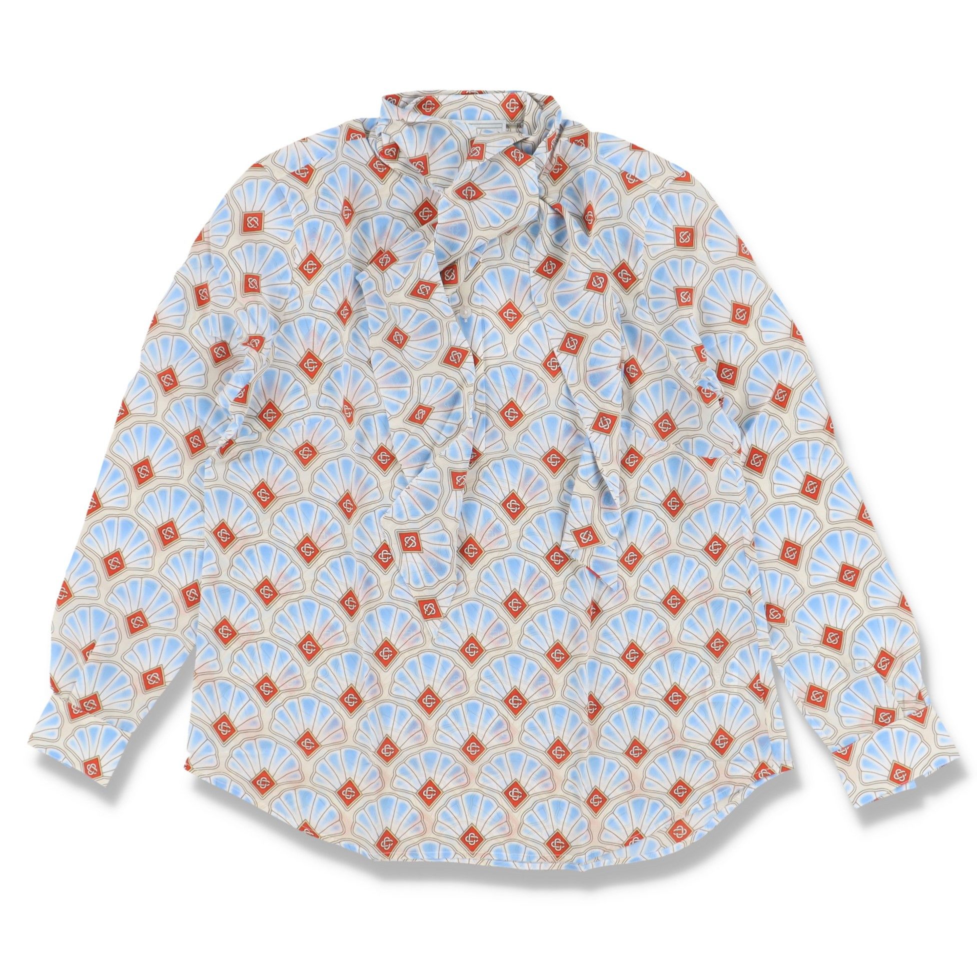 Casablanca Blue Shell Logo Crepe De Chine Pussy Bow Blouse Size L / US 10 / IT 46 - 2 Thumbnail