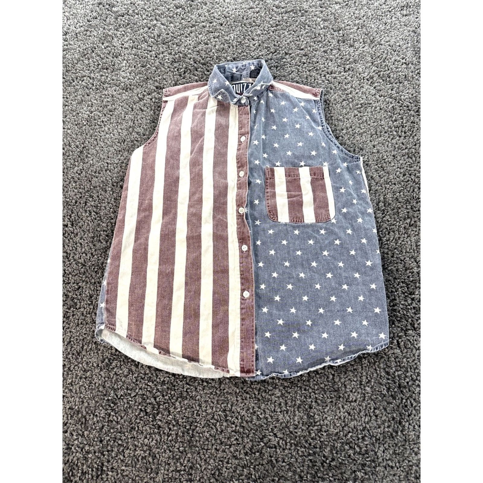 CO VTG Quizz Again Jeans Co Womens Sleeveless Shirt Vest M Striped Denim V-Neck Button Pockets USA Western 80s 90s Americana Casual Shirt Women Size M / US 6-8 / IT 42-44 - 2 Thumbnail