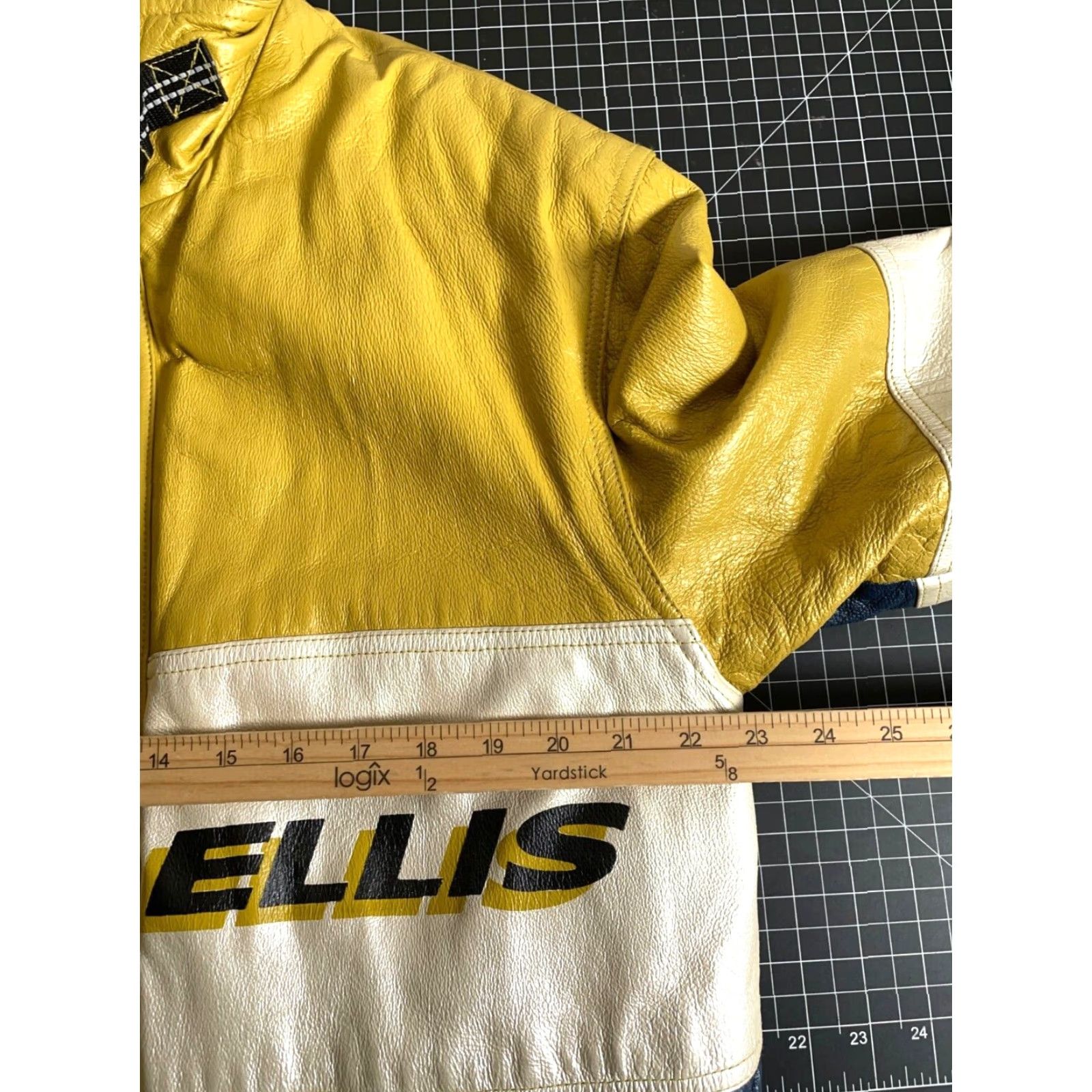 Perry Ellis America Leather Jacket Bomber Adult M Yellow Blue Striped 90s Hip Hop Vintage Mens