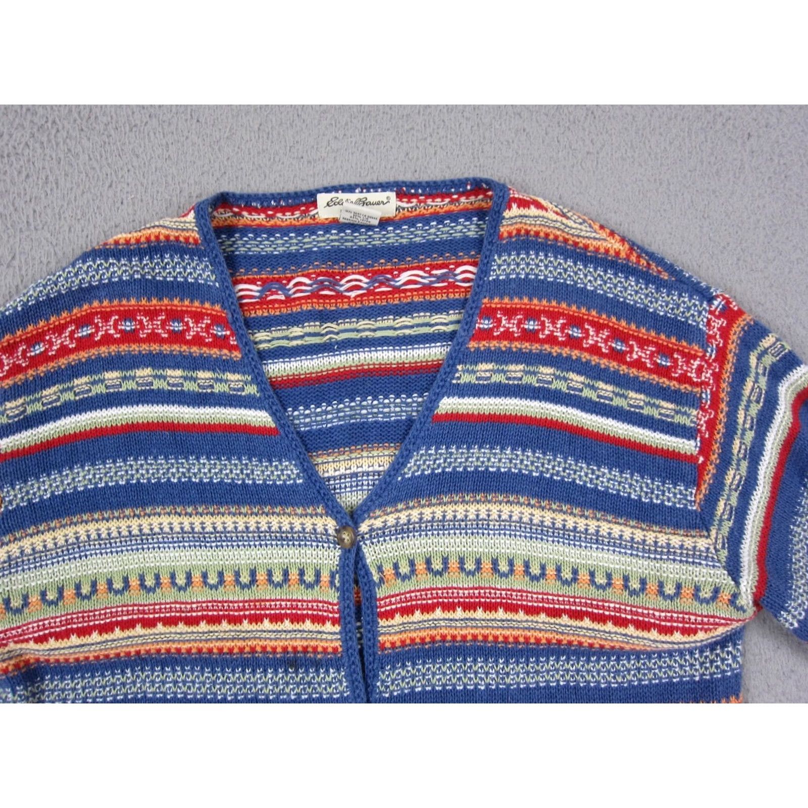 Eddie Bauer Eddie Bauer Cardigan Womens Medium Tall Blue Fair Isle Cotton Linen Knit V-Neck Long Sleeve Lightweight Size M / US 6-8 / IT 42-44 - 2 Thumbnail