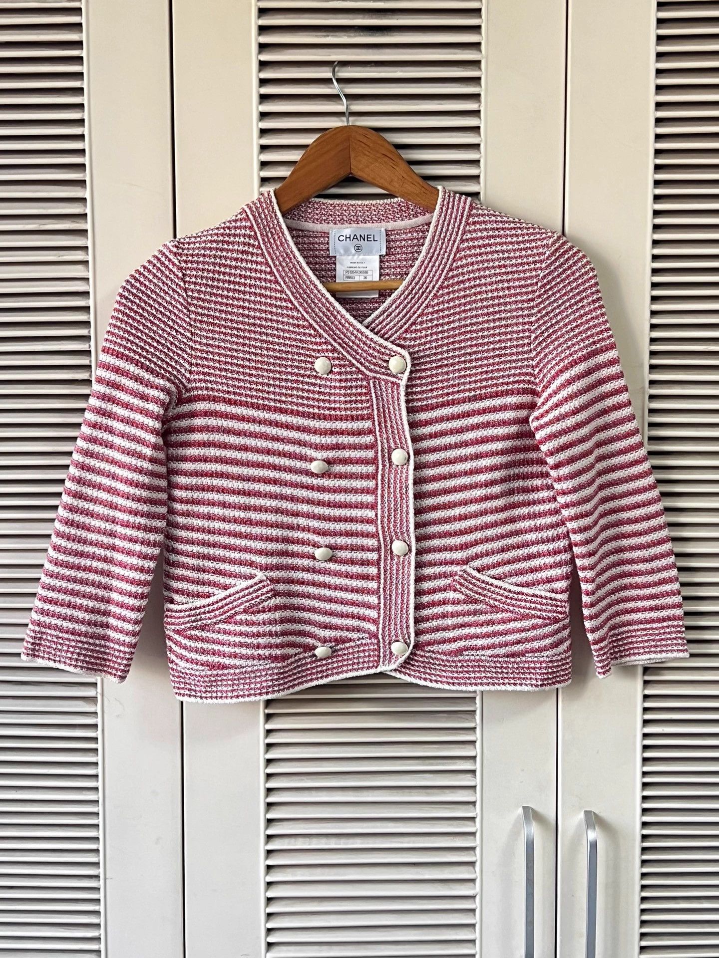 Chanel Red & White Stripe Crewneck Cardigan 36