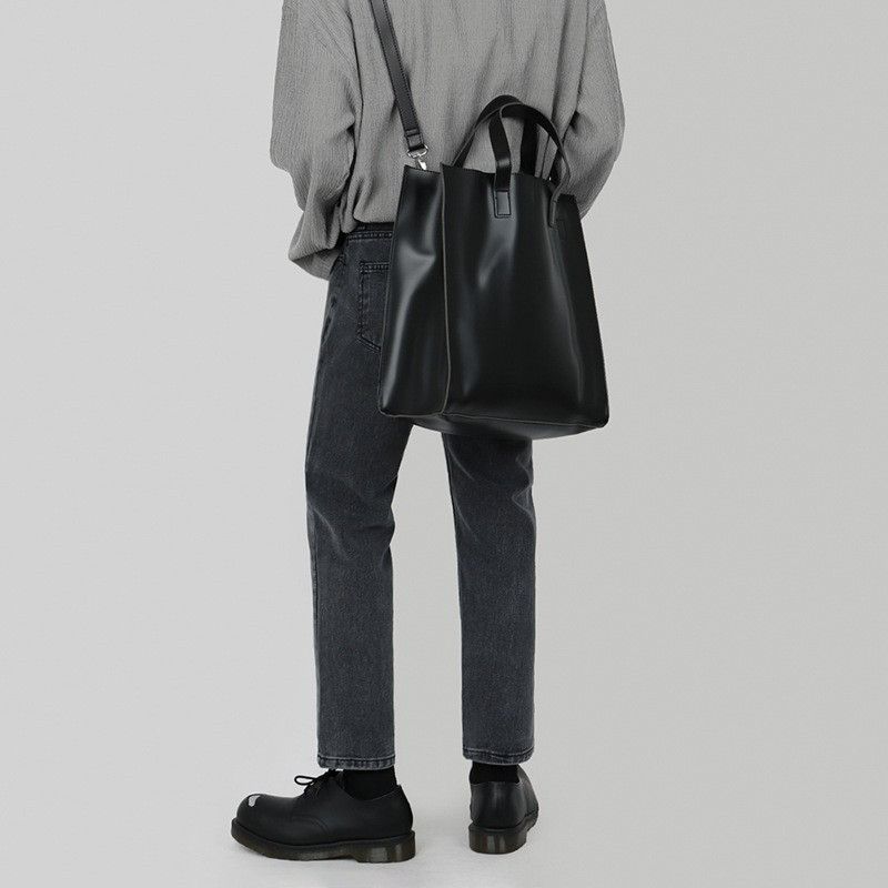 image of Black Pu Leather Men Tote Bag / Crossbody Bag