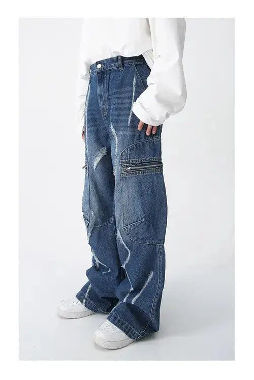 Japanese Brand × Vintage Baggy Ripped Jeans Frayed Zipper Pockets cargo Pants Hip-hop Size US 32 / EU 48 - 3 Thumbnail