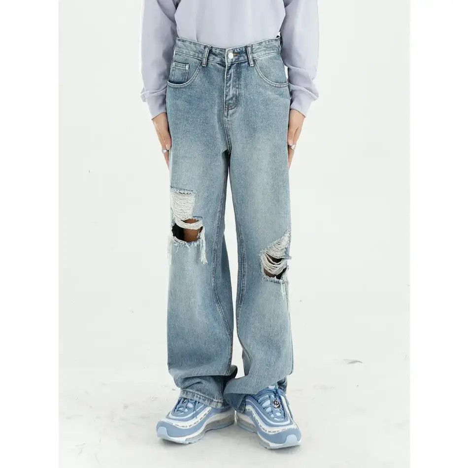 Japanese Brand Retro loose straight leg ripped jeans Size US 32 / EU 48 - 6 Thumbnail