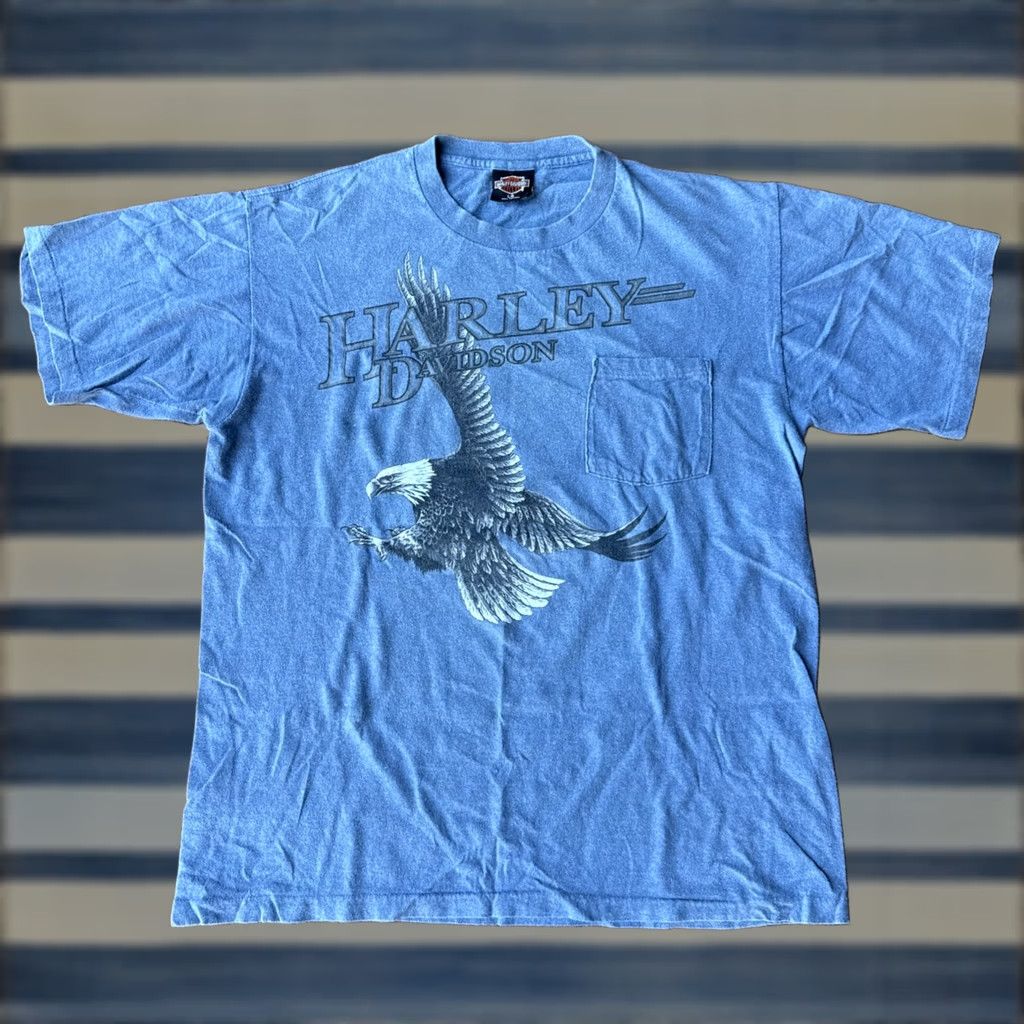 Harley Davidson VINTAGE Harley-Davidson Eagle Florida Gator T-Shirt Large Blue Cotton Knit Crew Neck Short Sleeve Shirt Mens 90s Biker Logo USA Size US L / EU 52-54 / 3 - 1 Thumbnail