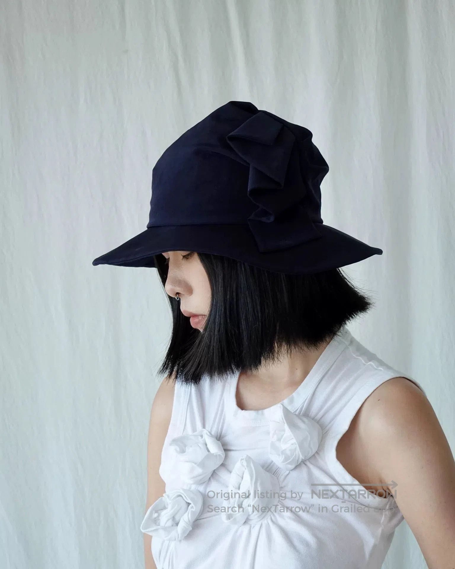 Y's Elegant Navy Pleated Wide Brim Hat. Size ONE SIZE - 2 Thumbnail