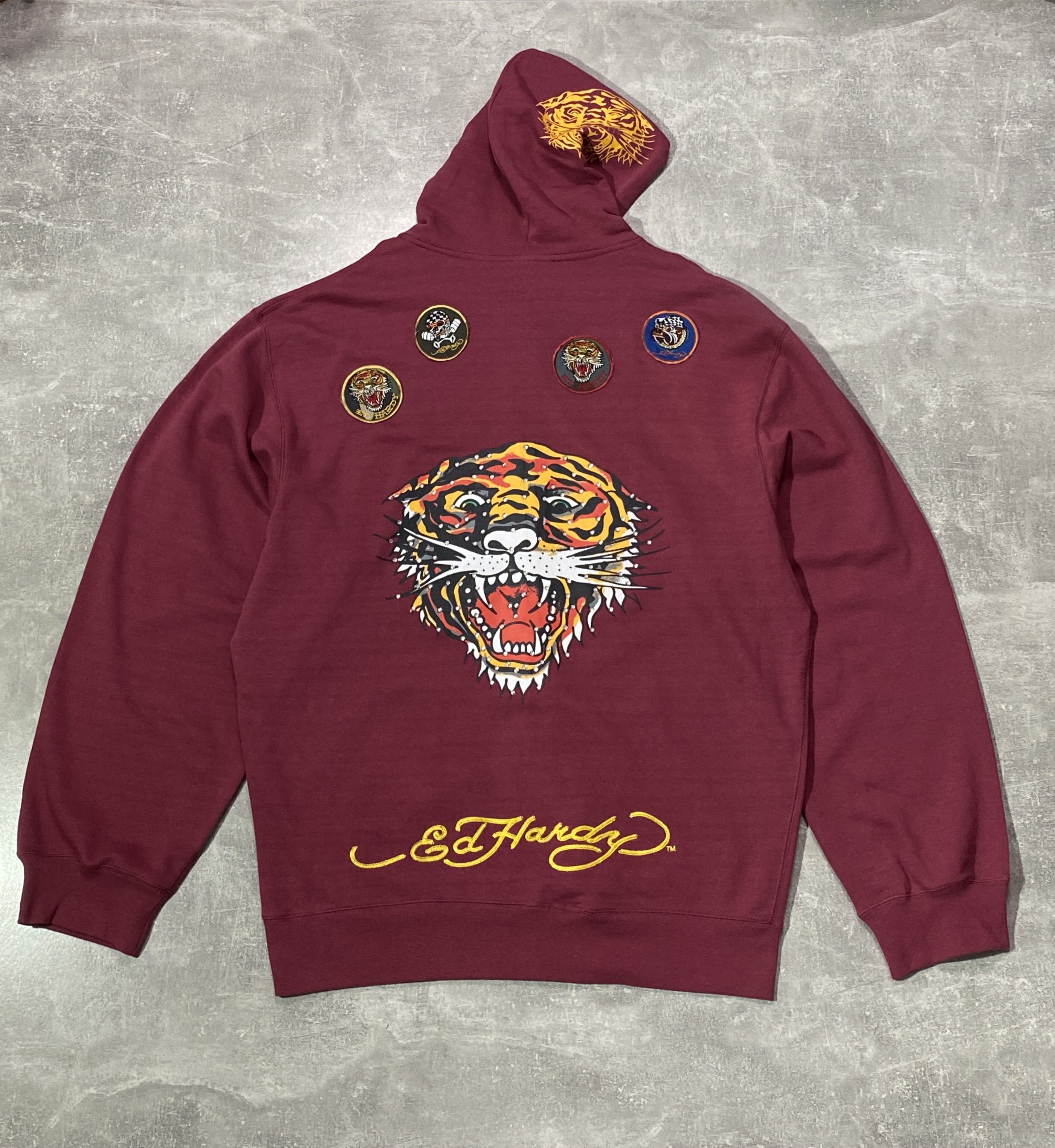 Ed Hardy Vintage Y2K Ed Hardy Fur Embroidered Zip Up Hoodie Red L