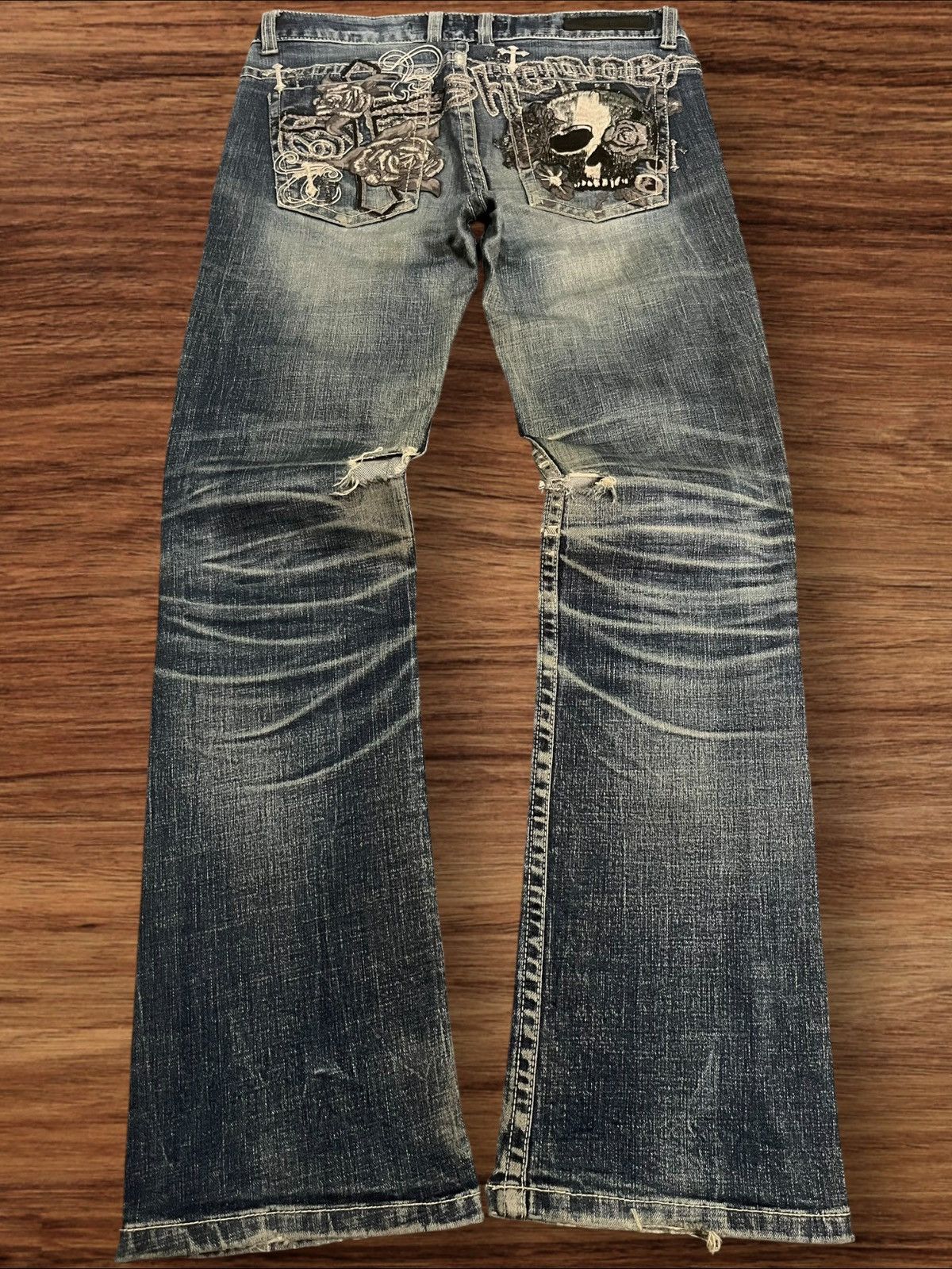 Ed Hardy ⚡️Insane⚡️Grashopper Skull Trinity Embroidered Rip Flare Jeans Size US 29 - 1 Thumbnail