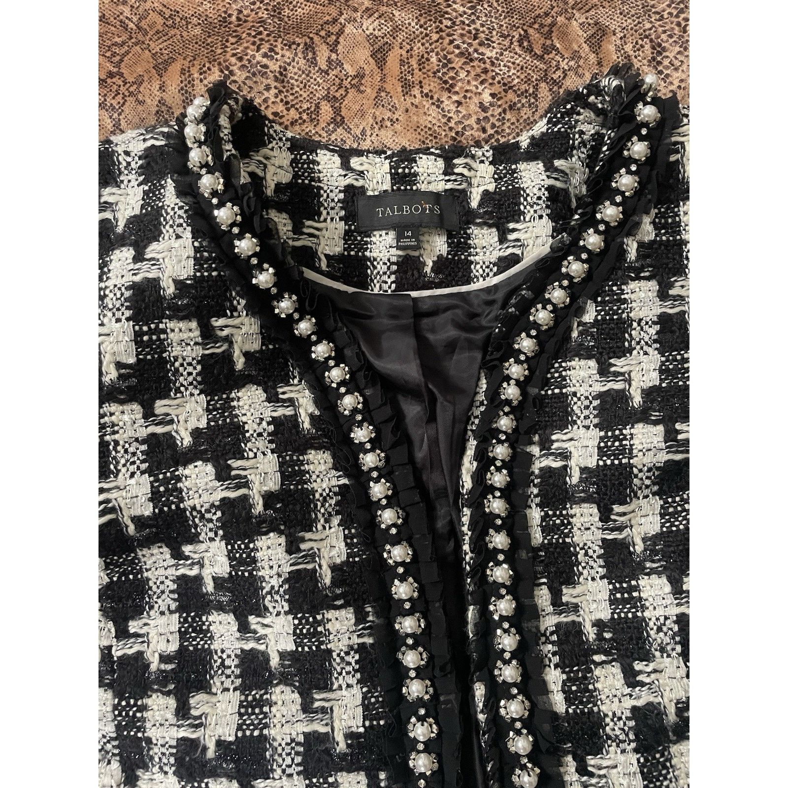 Talbots Talbots Houndstooth Black White Pearl Trim Tweed Blazer 14 Size XL / US 12-14 / IT 48-50 - 4 Thumbnail
