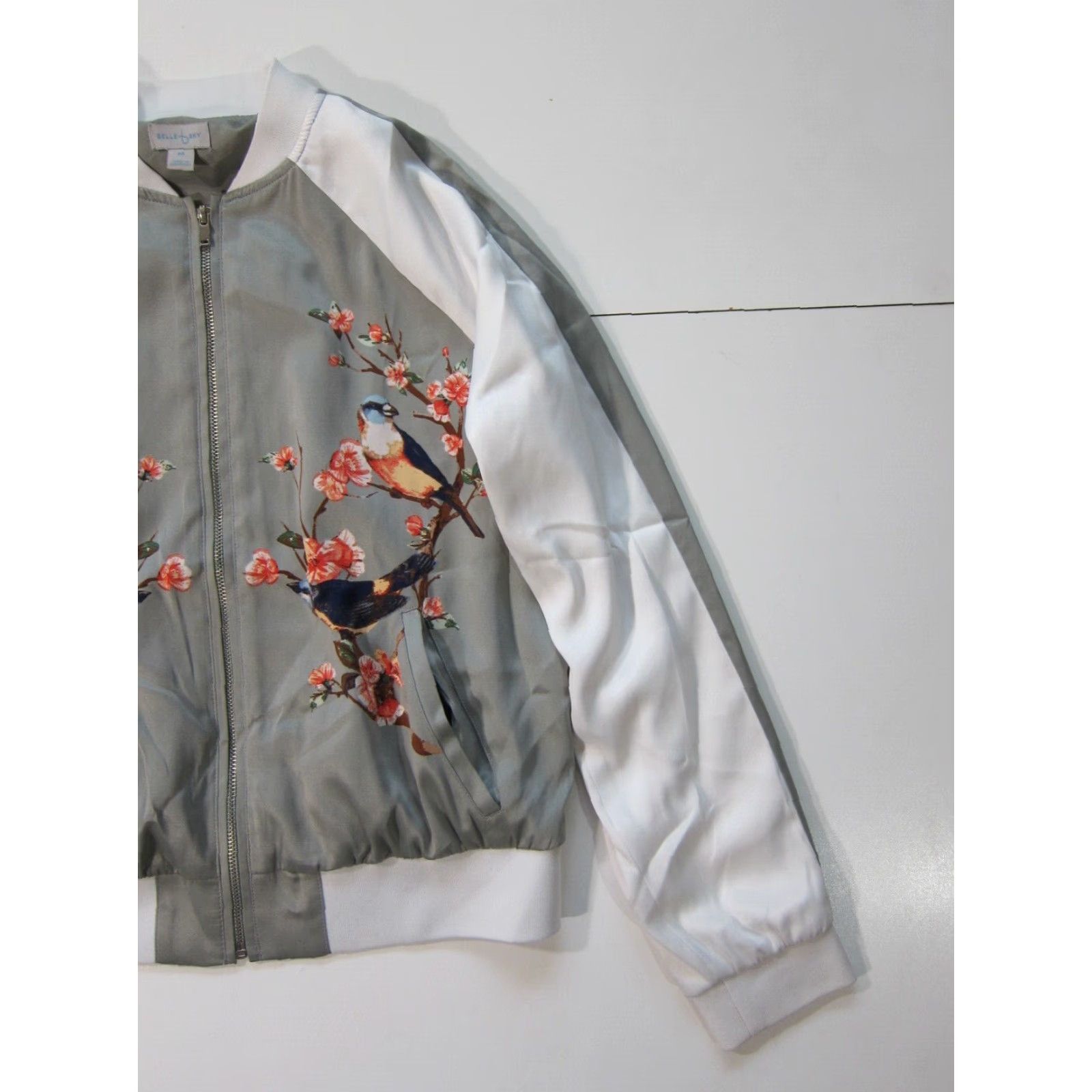 Vintage Belle Sky Jacket Women M Floral Bird Zip Satin Grey White Pink Windbreaker Track Coat Size M / US 6-8 / IT 42-44 - 5 Thumbnail