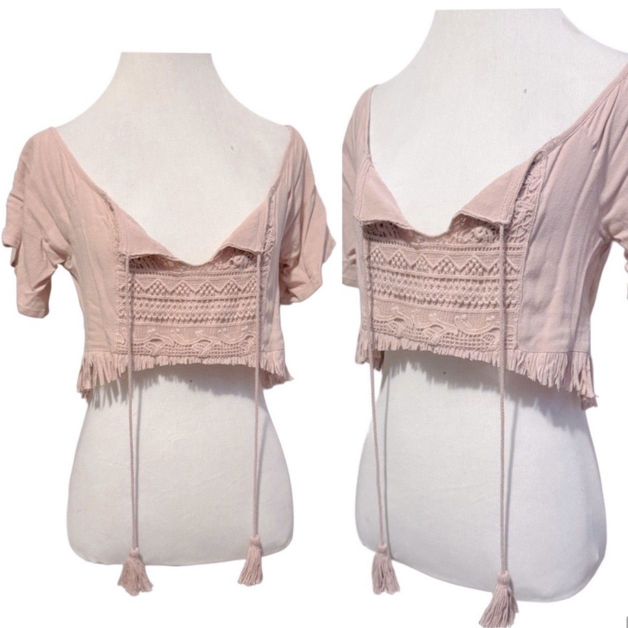 Vintage Vintage, Rose Blush, Peasant Style, Fringed Hem, Crop Top Size ONE SIZE - 12 Thumbnail