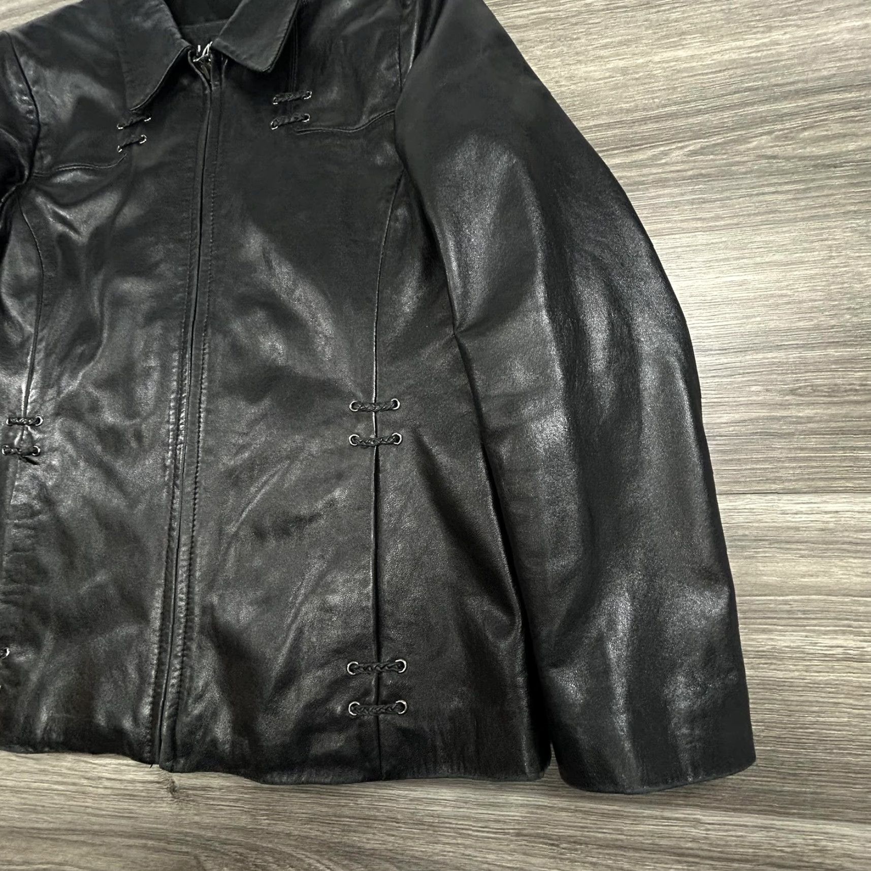 Kasper VINTAGE Kasper Leather Jacket Womens Large Black Lace Up Detail Moto Satin Lined Size L / US 10 / IT 46 - 3 Thumbnail