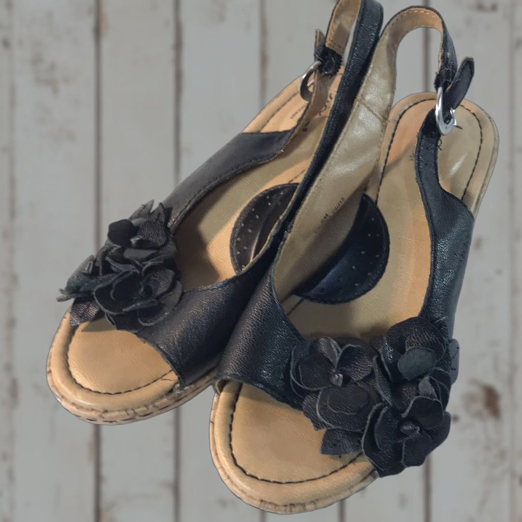 Born Born Concept Black Leather Floral Wedge Slingback Shoes Women’s Size 6M Summer Casual Heel Size US 6 / IT 36 - 1 Thumbnail