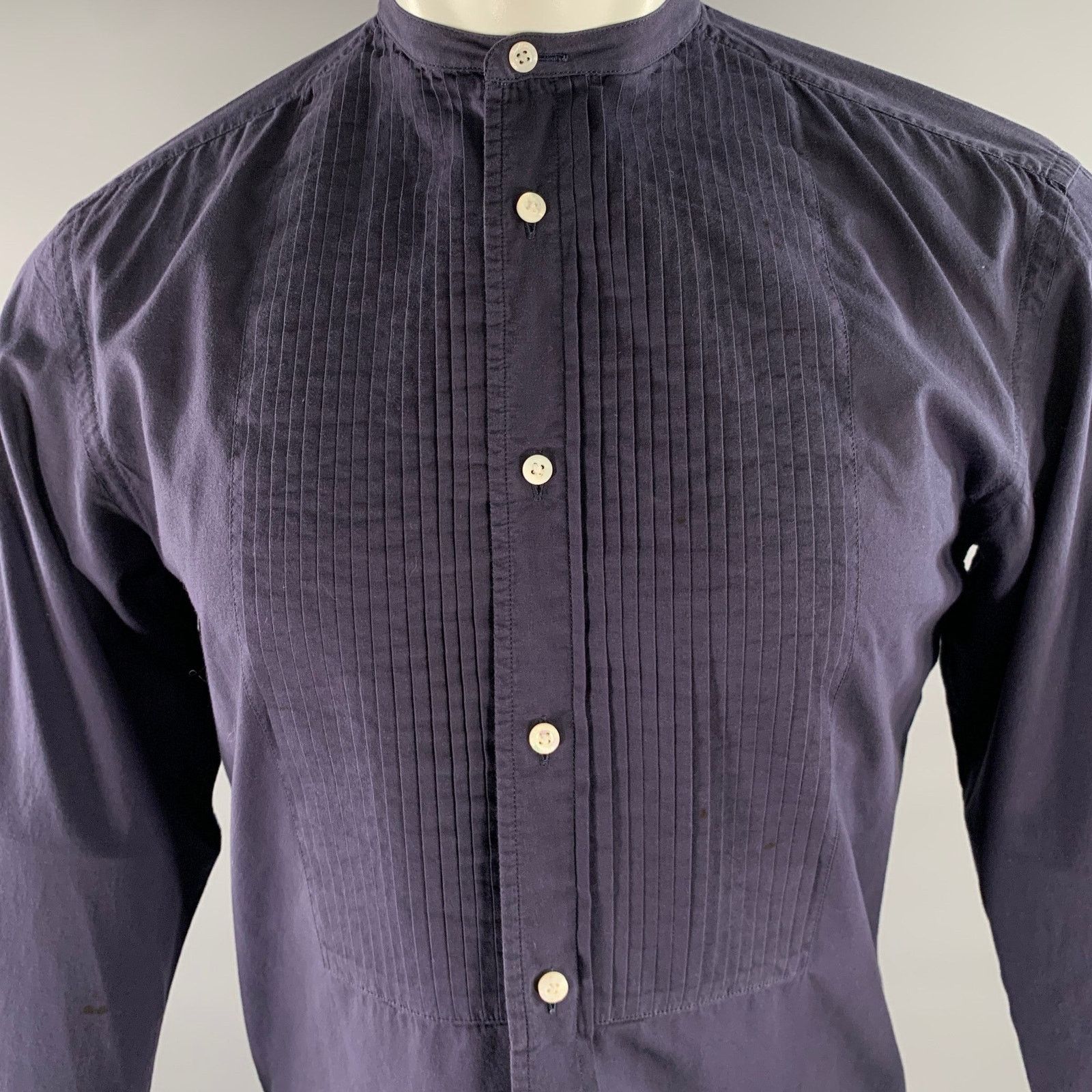 Ralph Lauren RALPH LAUREN S Navy Pleated Band Collar Long Sleeve Shirt Size 34S - 2 Thumbnail