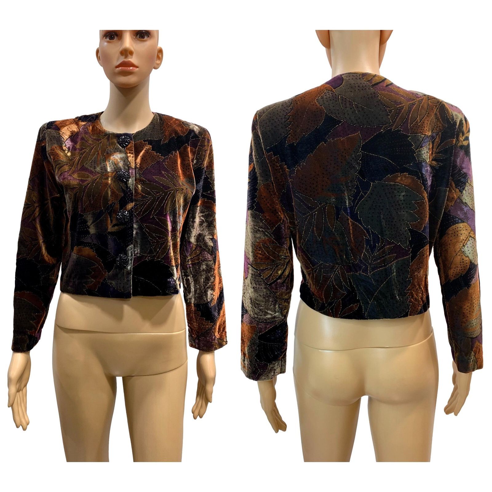Vintage 80s Cropped Painted Velvet Jacket | Metallic Brown Purple Size S / US 4 / IT 40 - 2 Thumbnail