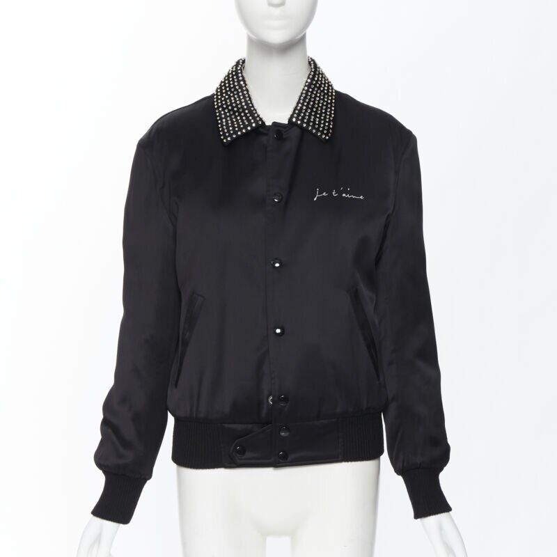 Saint Laurent Paris new SAINT LAURENT Je T'aime Teddy black satin crystal collar bomber jacket FR34 Size XS / US 0-2 / IT 36-38 - 1 Thumbnail