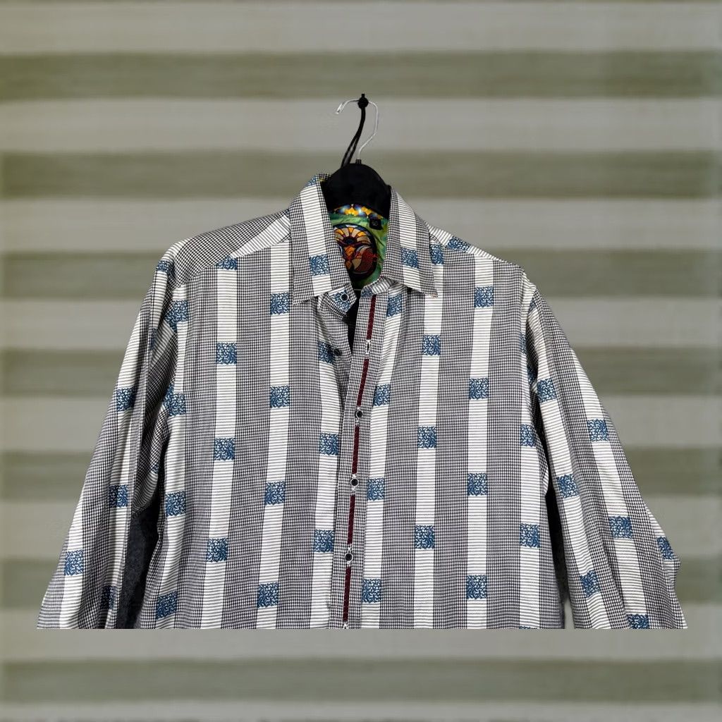 Robert Graham Robert Graham Dress Shirt Mens M Black White Houndstooth Embroidered Flip Cuff Long Sleeve Size 40R - 1 Thumbnail