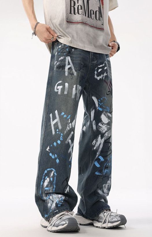 Japanese Brand Street wide-leg men's loose straight graffiti baggy jeans Size US 32 / EU 48 - 1 Thumbnail