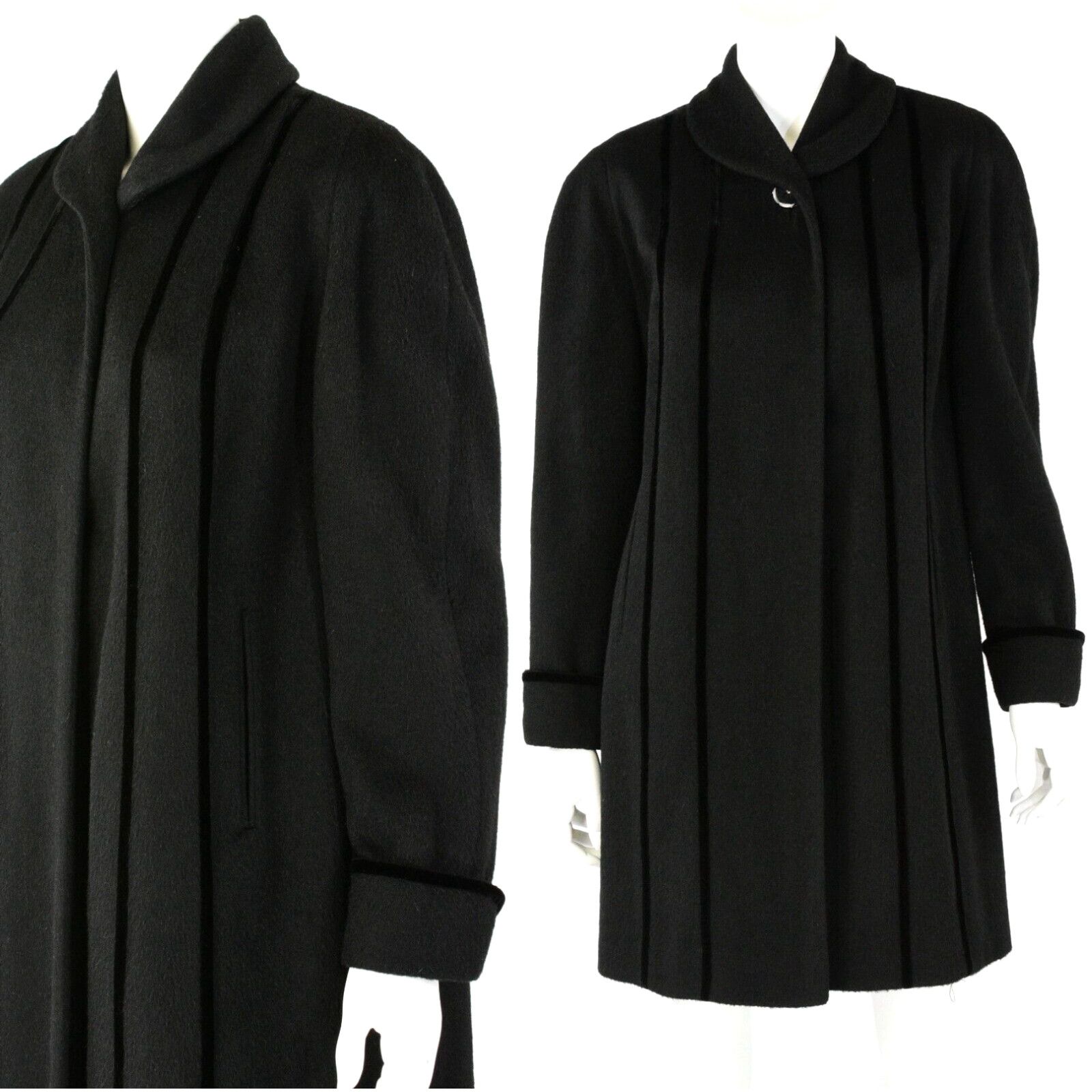 image of 50S Vintage Womens S/m Black Wool Dress Coat Velvet Trim Fairmont Fashions in White (Size Small)