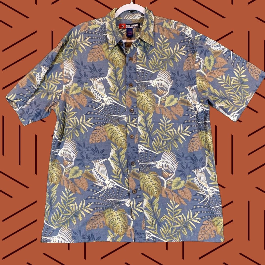 Vintage VINTAGE is not applicable; Reel Legends Shirt Mens Large Blue Floral Fish Button Up Outdoor S/S Performance Size US L / EU 52-54 / 3 - 1 Thumbnail