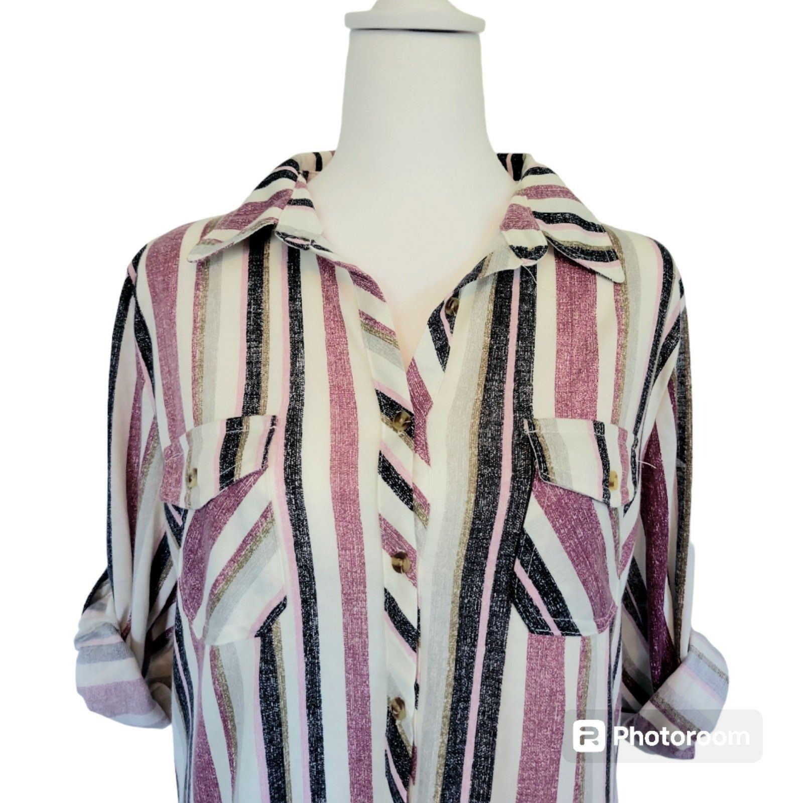 Other Womens M eden & Olivia purple striped 3/4 sleeve button tab Size M / US 6-8 / IT 42-44 - 3 Thumbnail