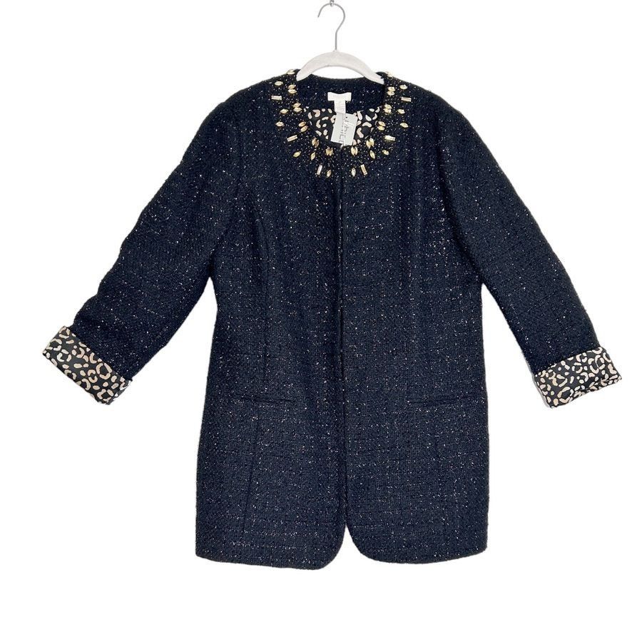 Chico's Ani-Glam Tweed Metallic & Beaded Long Jacket Coat in