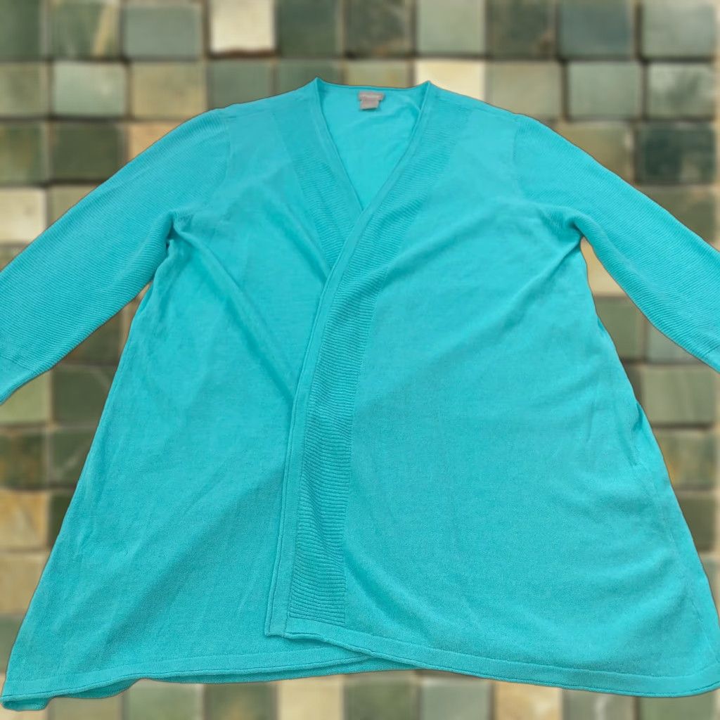 Vintage Chico's XS XL V-Neck Open Front Cardigan Duster Sweater Teal Blue Size XL / US 12-14 / IT 48-50 - 1 Thumbnail