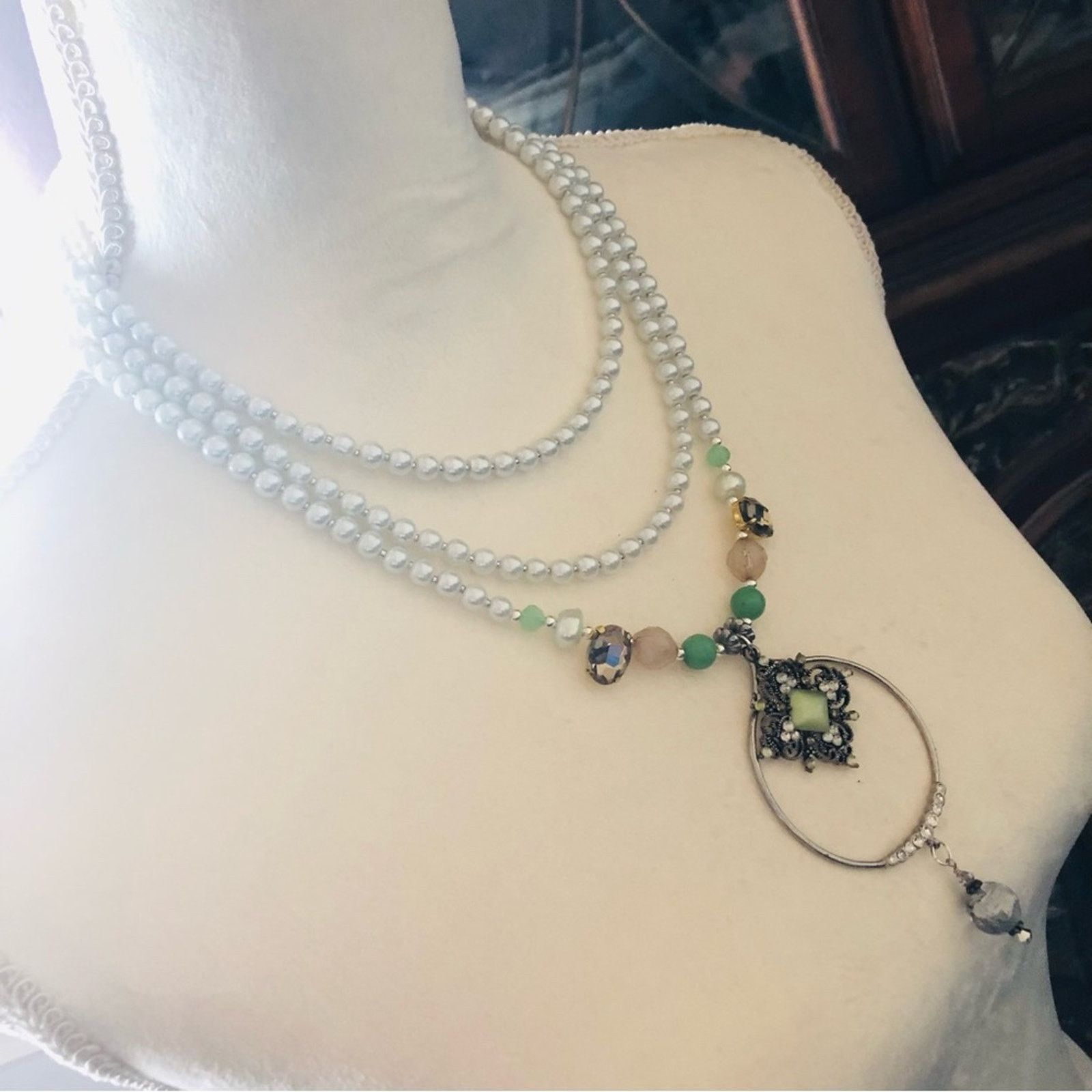 Handmade Handcrafted repurpose moon glow amulet glass Pearl neckla Size ONE SIZE - 4 Thumbnail