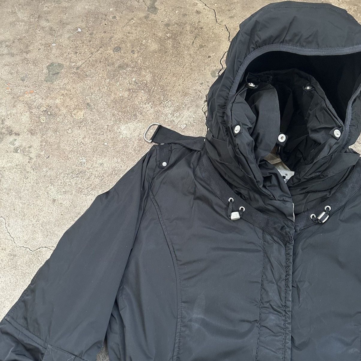 Marithe + Francois Girbaud 🔥BLACK nylon BONDAGE LONG JACKET MFG Size L / US 10 / IT 46 - 6 Thumbnail
