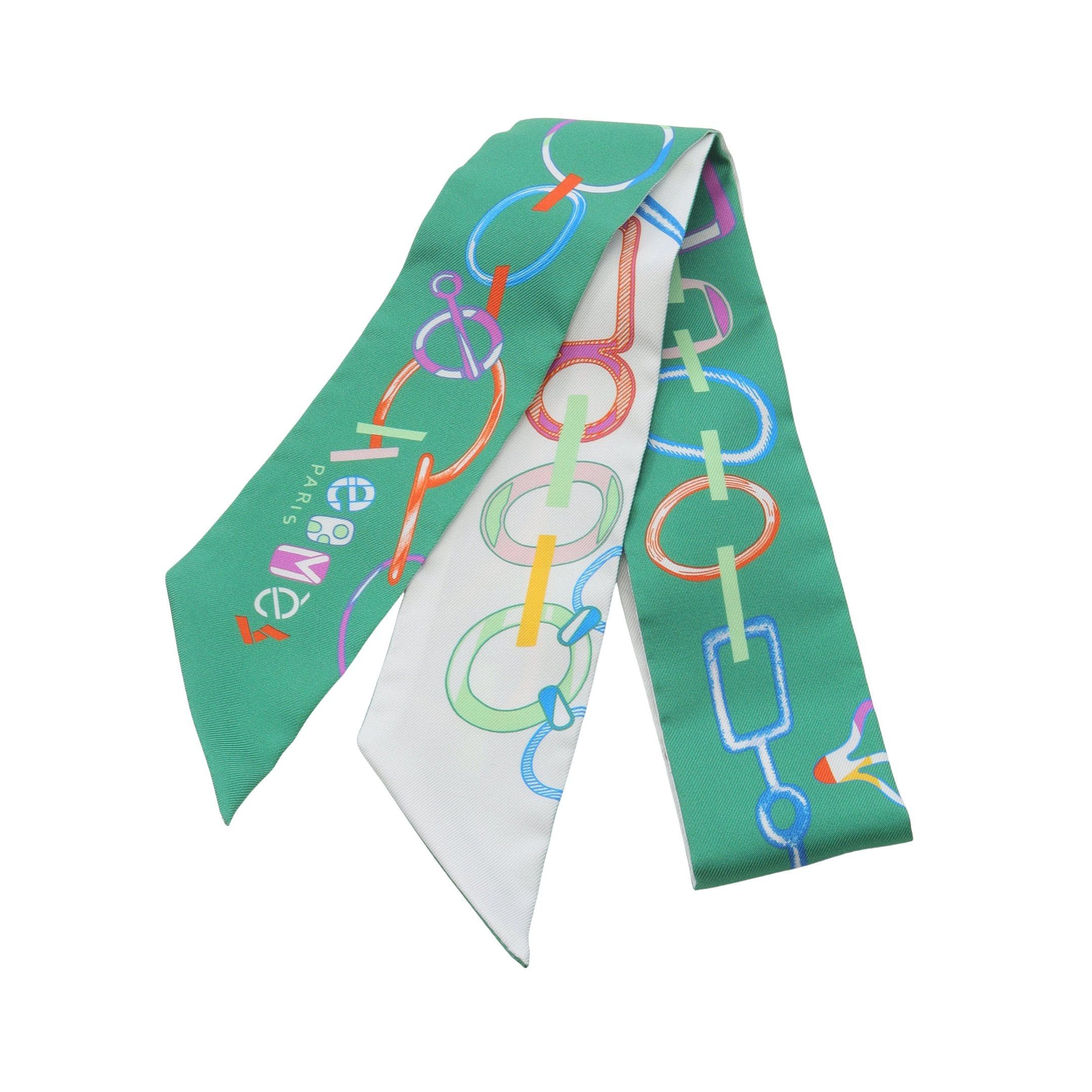 Hermes Hermes Twilly Do Re Boucles Scarf Silk Green White Multicolor Size ONE SIZE - 1 Thumbnail