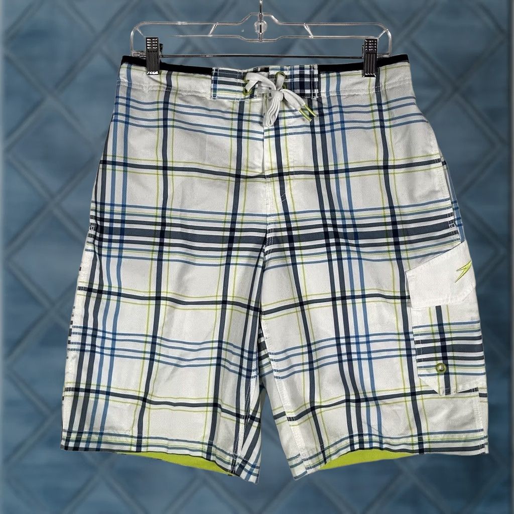 Speedo Speedo Plaid Board Shorts Swim Trunks Mens S White Lined Stretch Tie Waist Size US 29 - 1 Thumbnail
