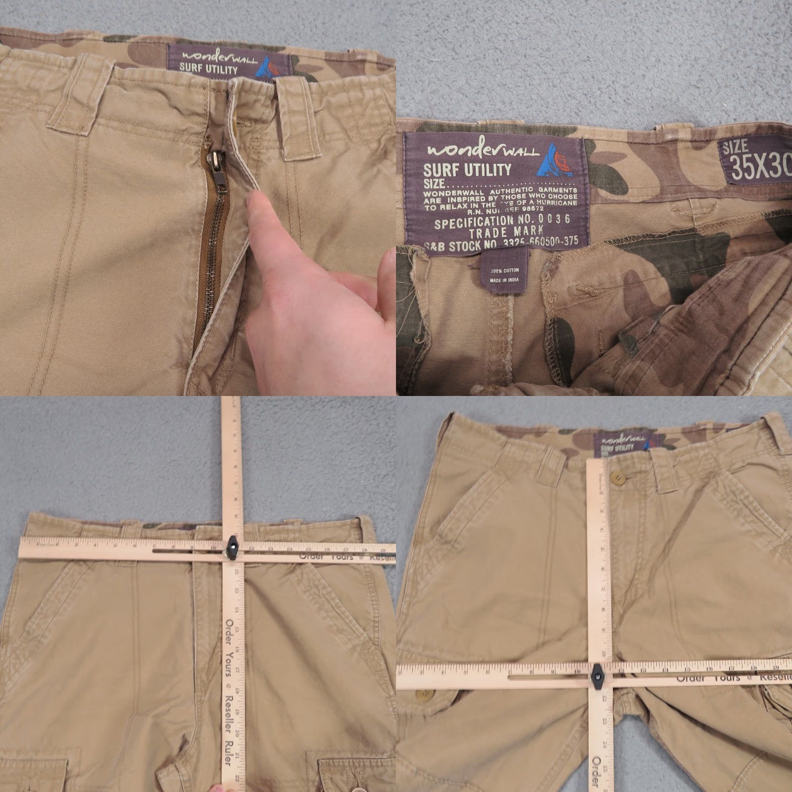 Vintage VINTAGE Wonderwall Cargo Pants Mens 35 Baggy Military Raver Skater Paratrooper Surfer Y2K 36x30 Beige Cotton Wide-Leg Mens Pants Size US 35 - 9 Thumbnail