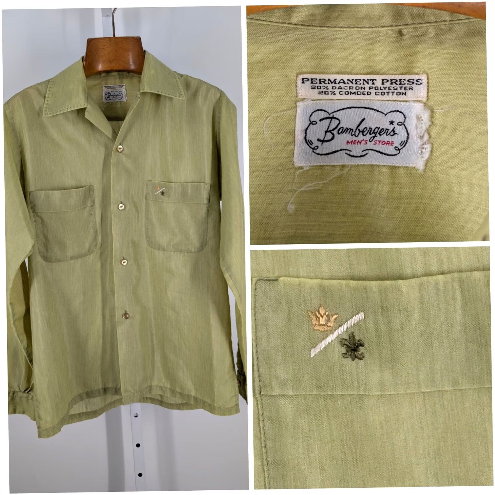 Atomic VINTAGE Bamberger's Shirt Rockabilly 1960s Green Embroidered Pocket Long Sleeve Button-Front Mens/Unisex 40 Chest Size US L / EU 52-54 / 3 - 2 Thumbnail