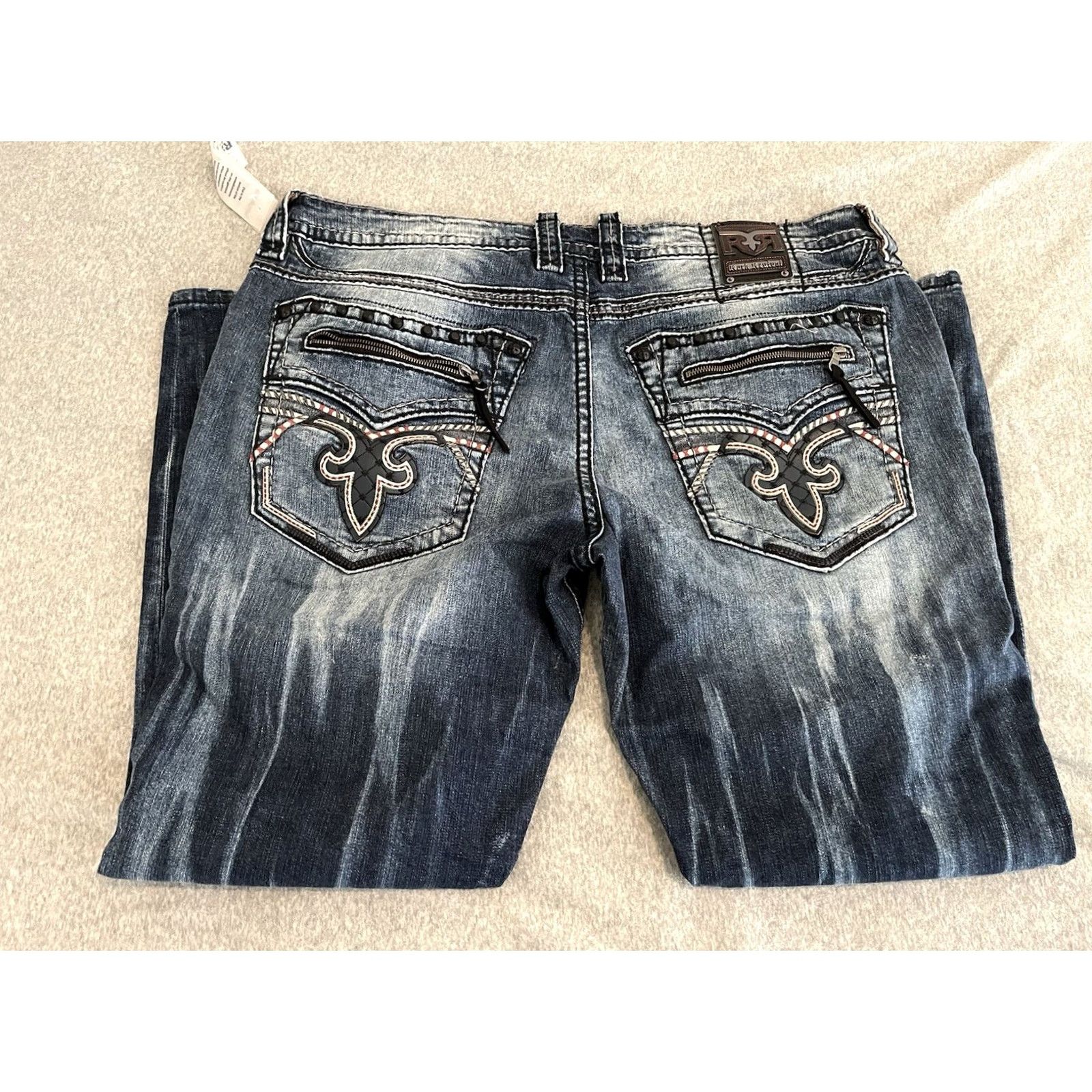 Vintage Rock Revival Jeans Biker Distressed Denim Mens 44x33 NWT Blue Cotton/Elastane Distressed Denim Mens Wed 90s Size US 44 / EU 60 - 6 Thumbnail