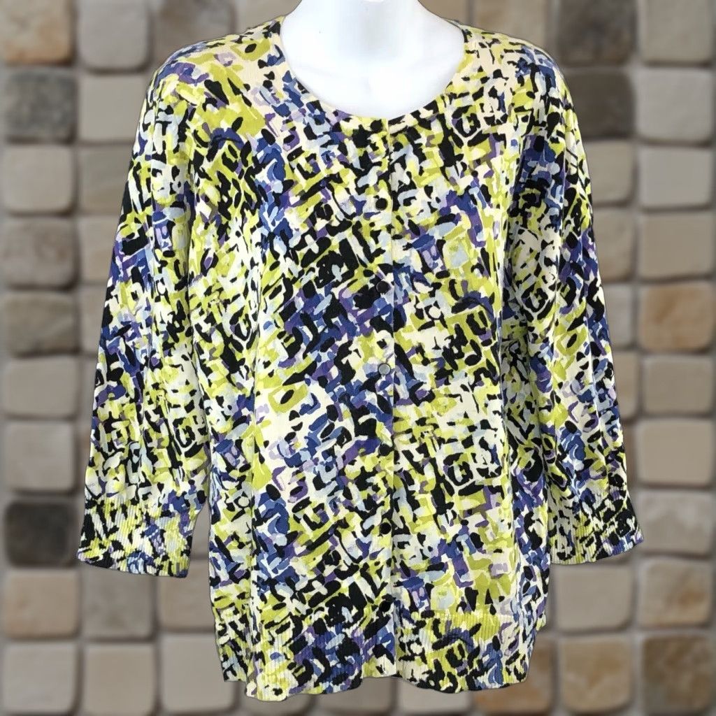 Vintage Cable & Gauge Cardigan Sweater XL Purple Lime Geometric ButtonUp 90s Y2K Womens Size XL / US 12-14 / IT 48-50 - 1 Thumbnail