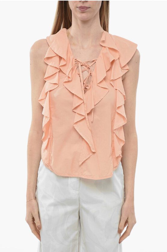 image of Dondup Ruffled Sleeve Cotton Blouse With Lace-Up Detail in Orange, Women's (Size Small)