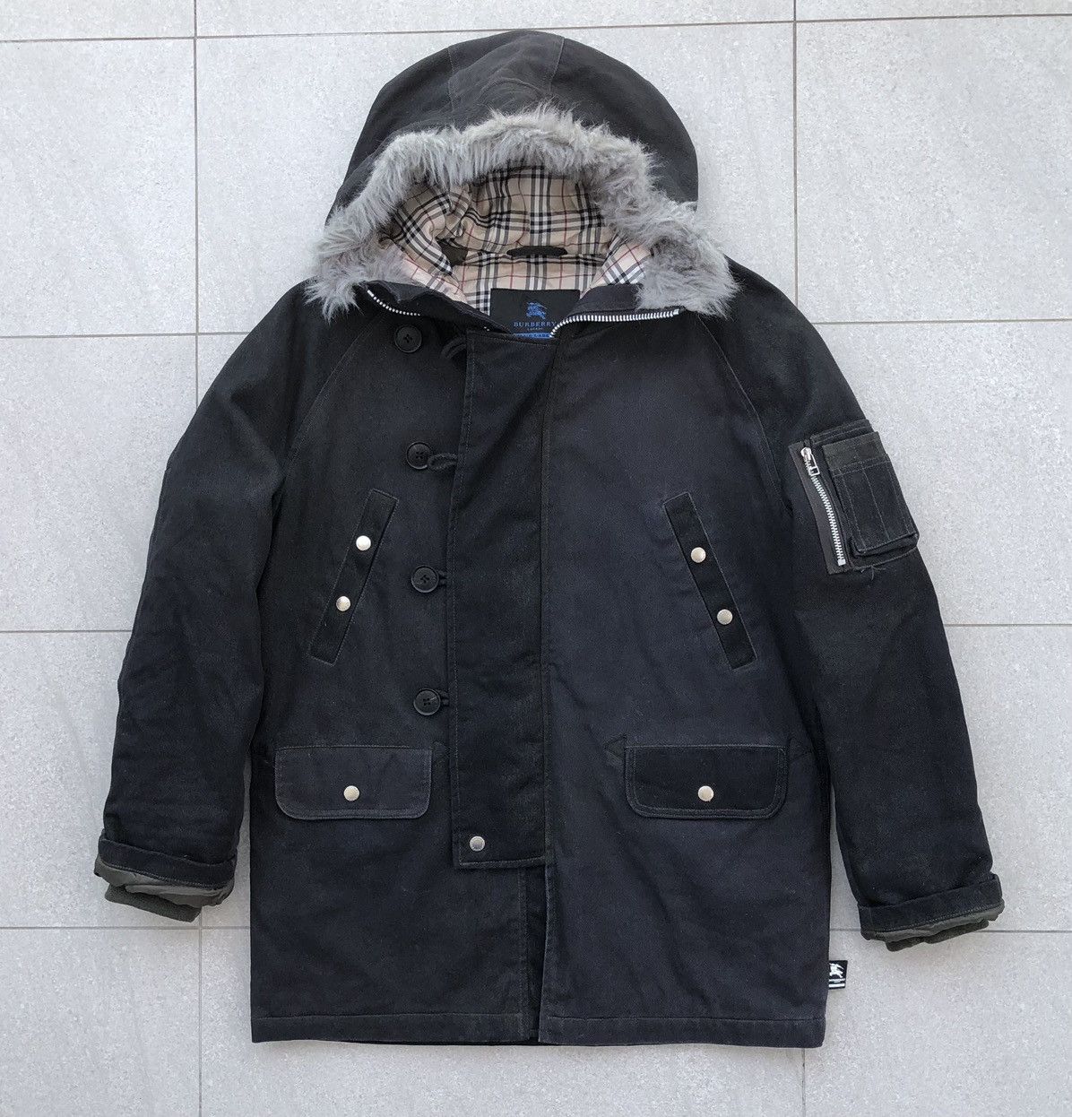 image of Burberry London Distressed Lined Novacheck Hooded Jacket in Black, Men's (Size Large)