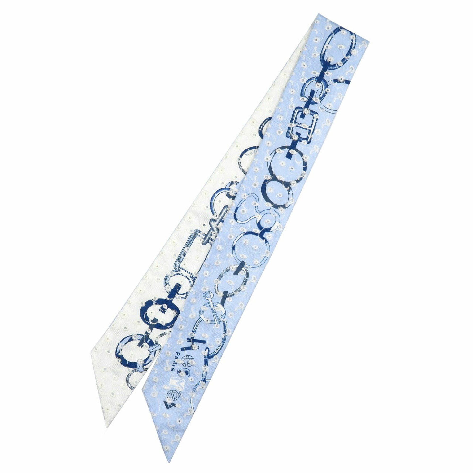 image of Hermes Twilly De Re Boucle English Embroidery Silk Blue Blanc Marine Scarf Muffler 0084Hermes 6A008