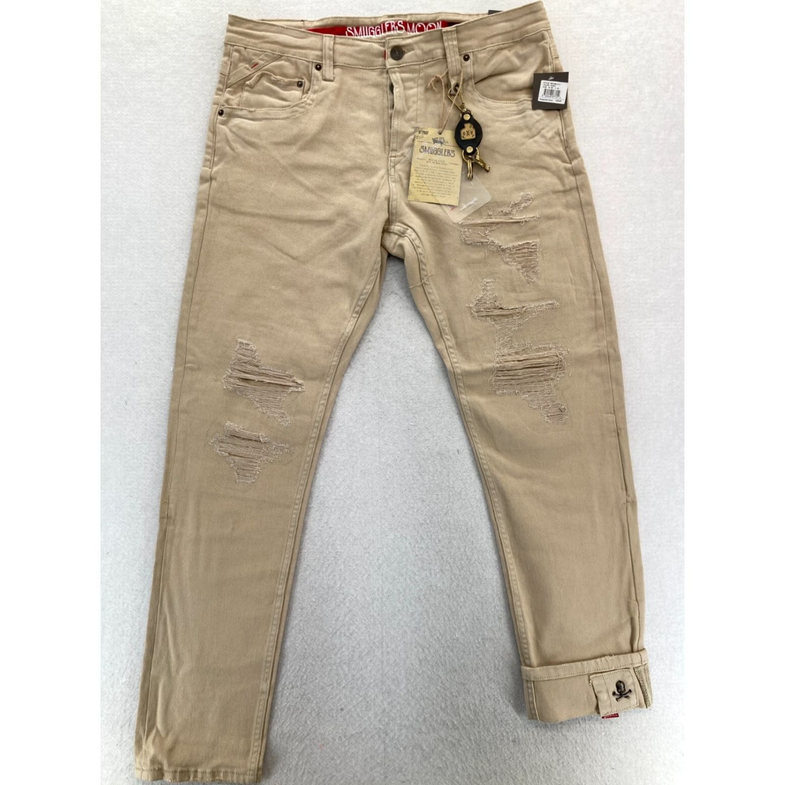 Denime Smugglers Moon Jeans Mens 38x33 Khaki Beige Denim Button Fly Roll Up Distressed Slim 5-Pocket Gothic Punk Rock Skull Mens Jeans Size US 38 / EU 54 - 2 Thumbnail
