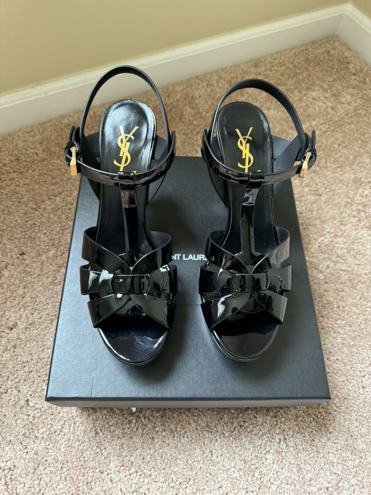 Yves Saint Laurent Tribute Patent T-Strap Platform Sandals Size US 9 / IT 39 - 1 Thumbnail