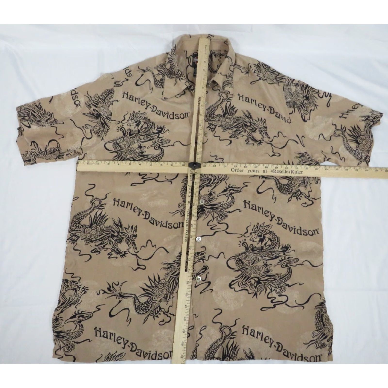 Harley Davidson VINTAGE Harley-Davidson Shirt Dragon Hawaiian Mens Large L Beige Silk Button-Up Short Sleeve >= Size US L / EU 52-54 / 3 - 3 Thumbnail