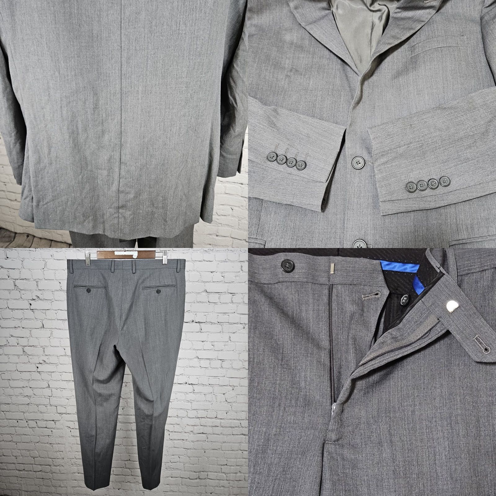 Egara Egara Grey 100% Wool Full Suit Set 2 Piece Peak 2 Button Slim Fit Blazer 44L/38 Size 44R - 9 Thumbnail