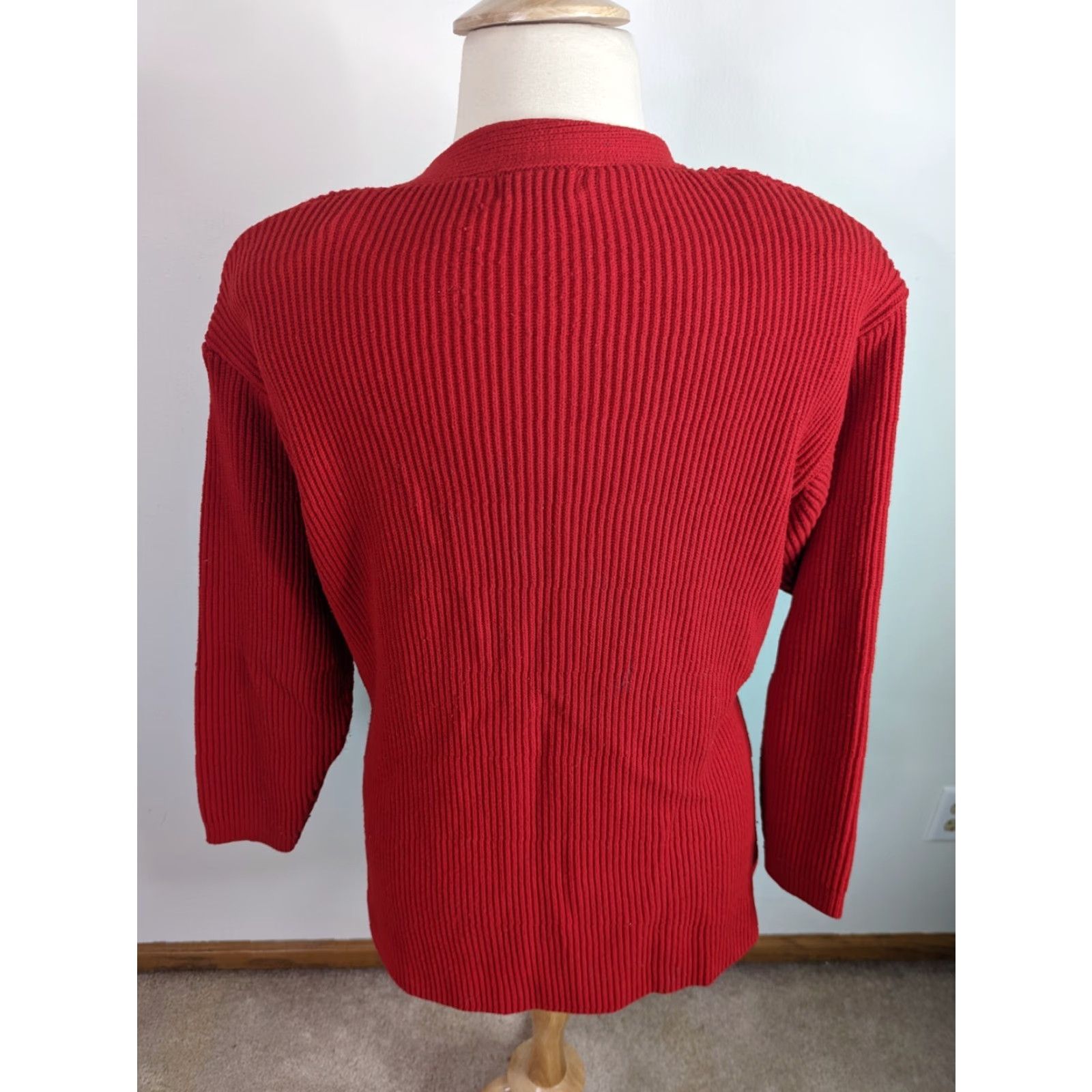 Vintage VINTAGE 80s Womens Large Ribbed Cardigan Sweater Red Vneck Cardigan Womens L Red 90s Featuring Shoulder Pads Size L / US 10 / IT 46 - 3 Thumbnail