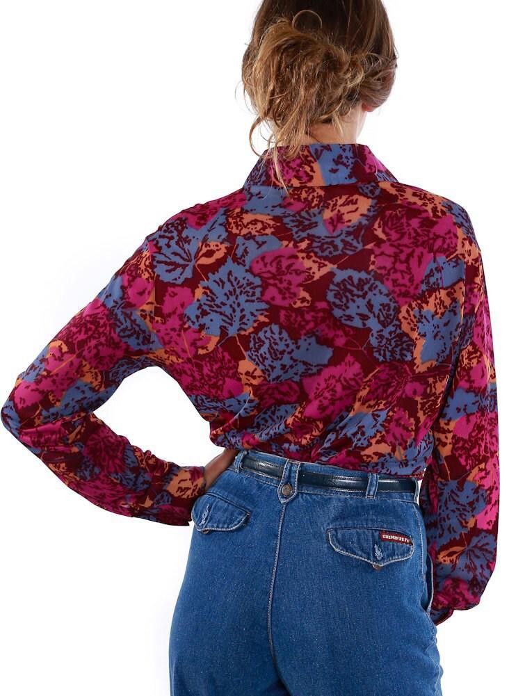 Designer Vintage 70's Floral Mr. Dino Button Down Blouse 60s Size XL / US 12-14 / IT 48-50 - 4 Thumbnail