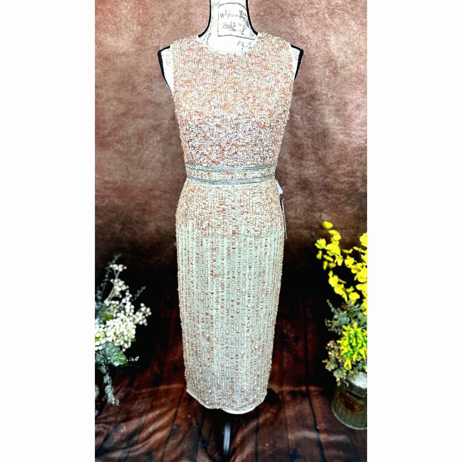 Other Mac Duggal Sleeveless High Neck Beaded Midi Dress Nude 4 Size S / US 4 / IT 40 - 6 Thumbnail